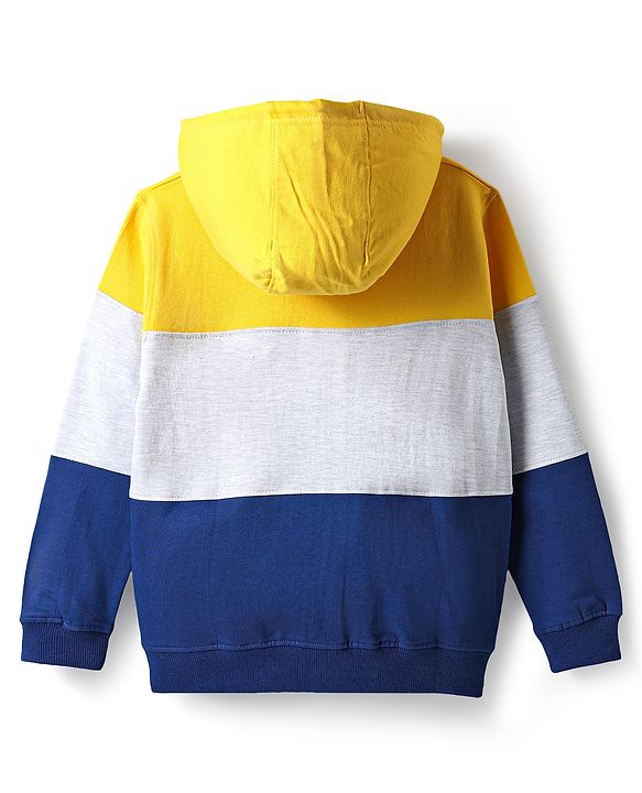 Pine Kids Cotton Knit Full Sleeves Cut & Sew Hooded Sweatjacket with Badge - Yellow Grey & Navy Blue