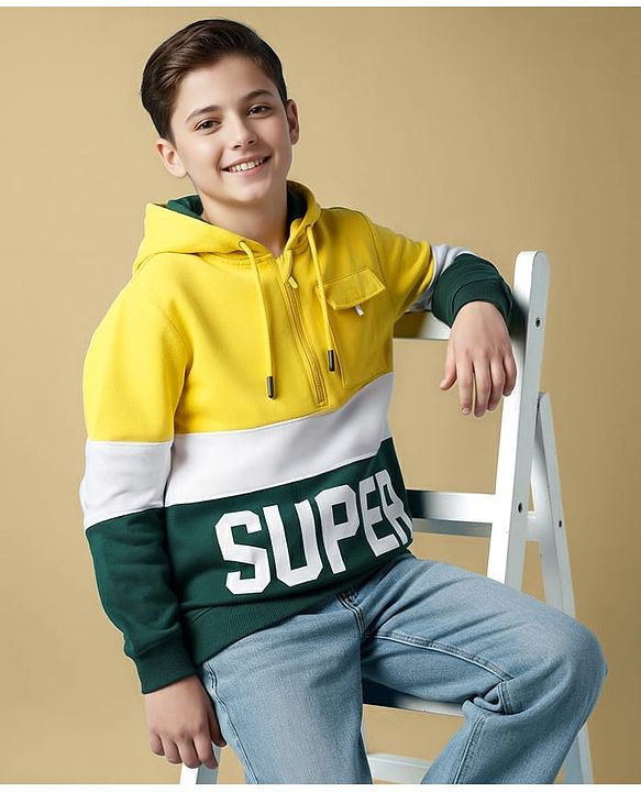 Pine Kids Cotton Knit Full Sleeves Hooded Sweatshirts With Super Text Print - Yellow & Green