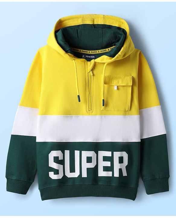 Pine Kids Cotton Knit Full Sleeves Hooded Sweatshirts With Super Text Print - Yellow & Green