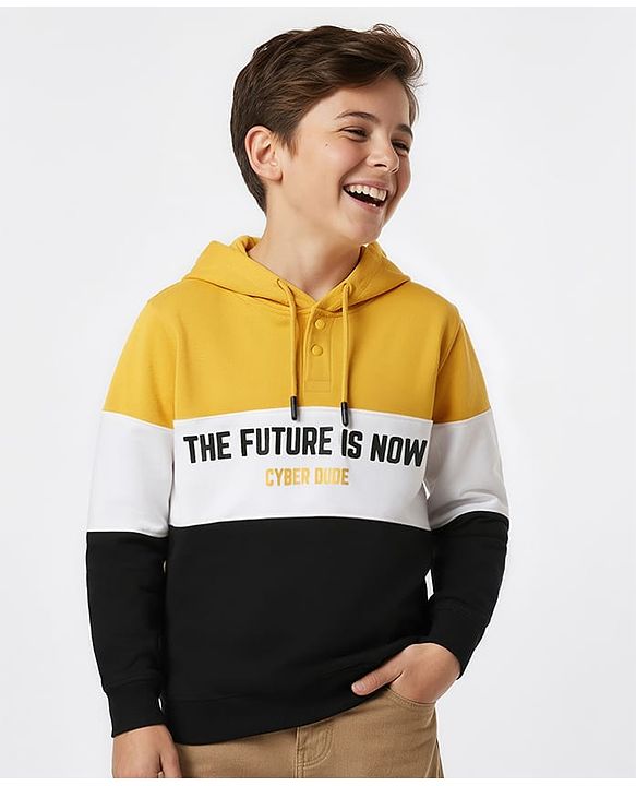 Pine Kids Cotton Knit Full Sleeves Text Printed Sweatshirt With Cut & Sew Design - White & Black