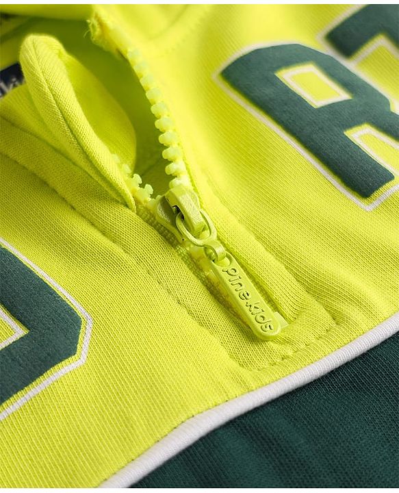 Pine Kids Cotton Knit Full Sleeves Hooded Sweatshirt With Number Print - Lime & Dark Green
