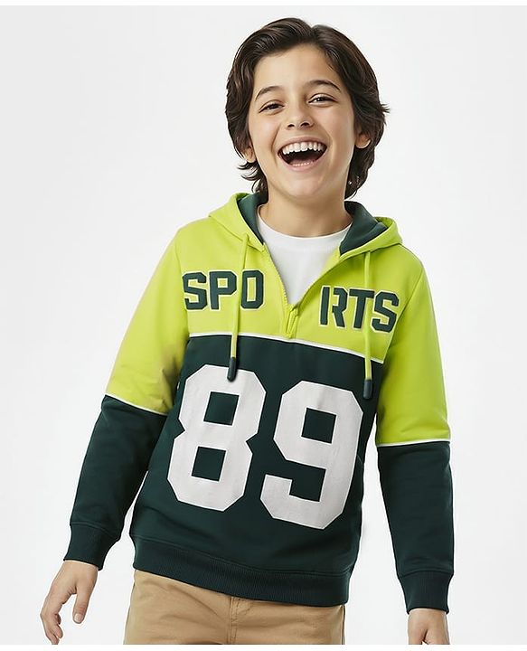 Pine Kids Cotton Knit Full Sleeves Hooded Sweatshirt With Number Print - Lime & Dark Green