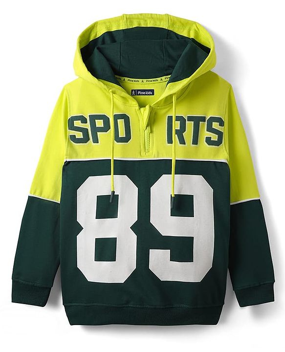 Pine Kids Cotton Knit Full Sleeves Hooded Sweatshirt With Number Print - Lime & Dark Green
