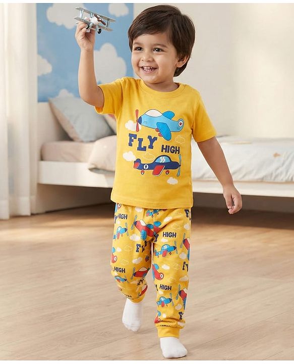 Babyhug Cotton Knit Half Sleeves Night Suit With Aeroplane Print - Yellow