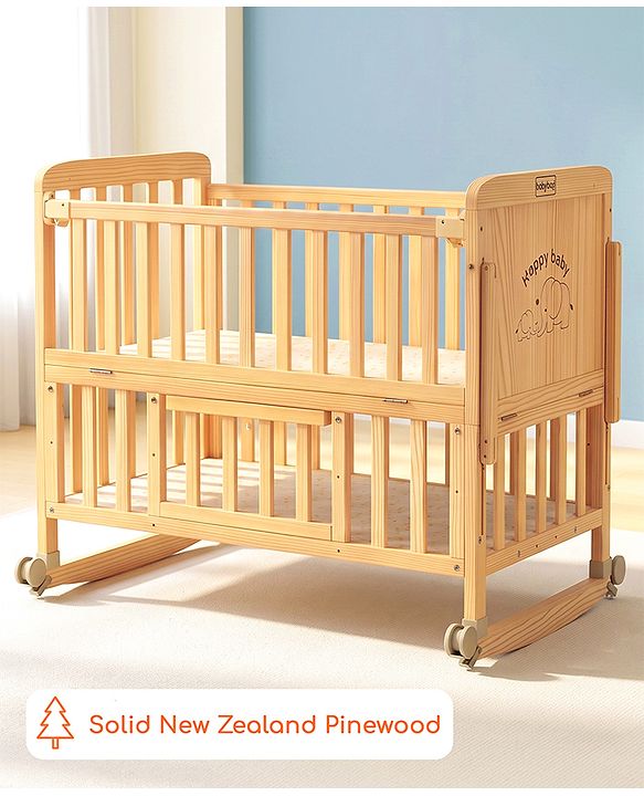 Babyhug 6 in 1 Baby Cot with Rocking Function - Beige| Parent Bed Attachment| Study Table| Diaper Changing Station| Storage| Junior Bed| New Zealand Pinewood| Mosquito Net| Wheels with Lock| Baby Safe