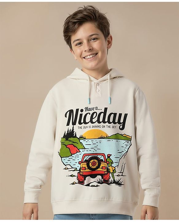Pine Kids 100% Cotton Full Sleeves Vehicle Printed Hooded Sweatshirt  - Offwhite