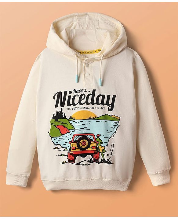 Pine Kids 100% Cotton Full Sleeves Vehicle Printed Hooded Sweatshirt  - Offwhite