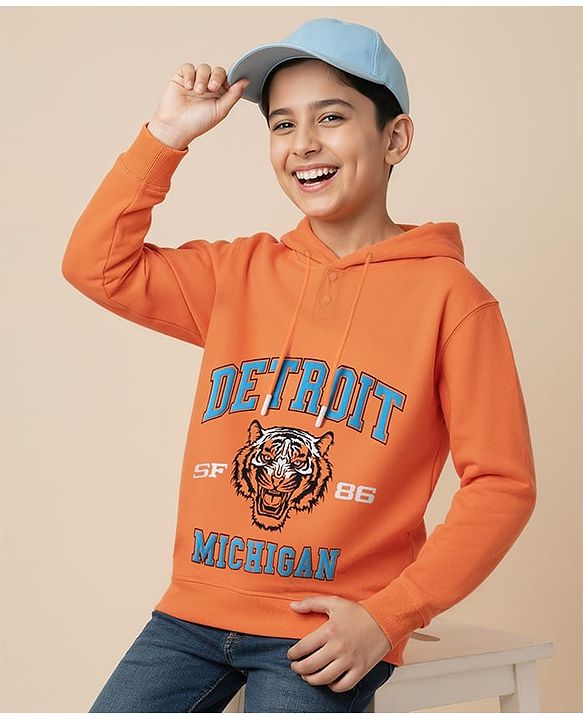 Pine Kids Cotton Knit Full Sleeves Hoodie with Tiger Print - Orange