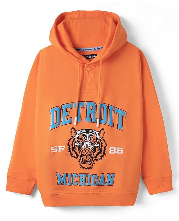 Pine Kids Cotton Knit Full Sleeves Hoodie with Tiger Print - Orange