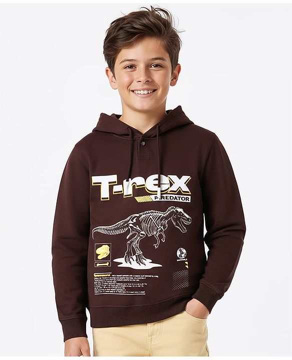 Pine Kids Cotton Knit Full Sleeves Hoodie with Dino Print - Brown