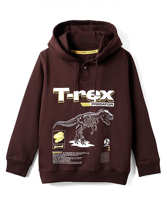 Pine Kids Cotton Knit Full Sleeves Hoodie with Dino Print - Brown