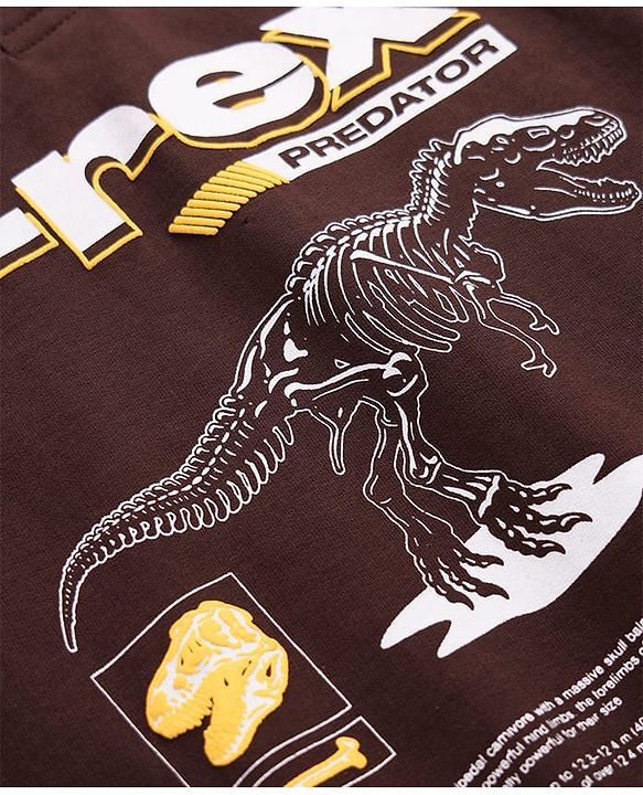 Pine Kids Cotton Knit Full Sleeves Hoodie with Dino Print - Brown