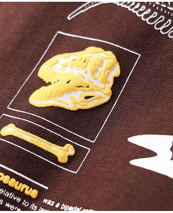 Pine Kids Cotton Knit Full Sleeves Hoodie with Dino Print - Brown