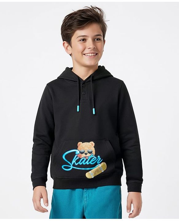 Pine Kids Cotton Knit Full Sleeves Hoodie with Kangaroo Pocket Front & Back Bear Print - Black