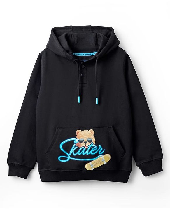 Pine Kids Cotton Knit Full Sleeves Hoodie with Kangaroo Pocket Front & Back Bear Print - Black