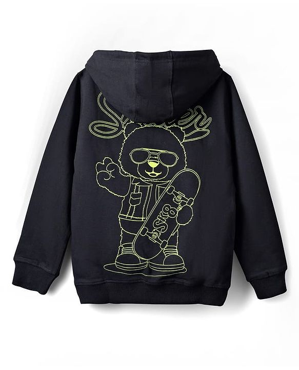Pine Kids Cotton Knit Full Sleeves Hoodie with Kangaroo Pocket Front & Back Bear Print - Black