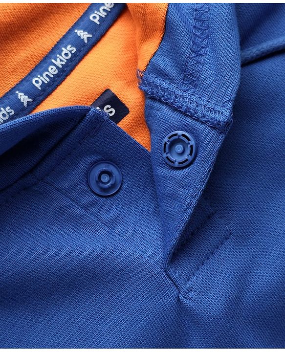 Pine Kids Cotton Knit Full Sleeves Cut & Sew Hooded Sweatshirt with Adventure Text Print & Kangaroo Pockets - Orange & Blue