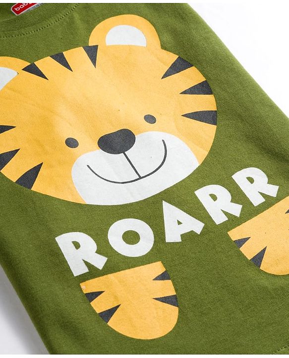Babyhug Cotton Knit Full Sleeves Night Suit With Tiger Print - Green