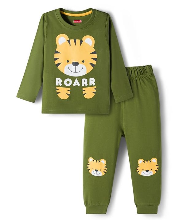 Babyhug Cotton Knit Full Sleeves Night Suit With Tiger Print - Green