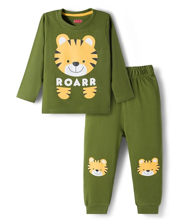 Babyhug Cotton Knit Full Sleeves Night Suit With Tiger Print - Green