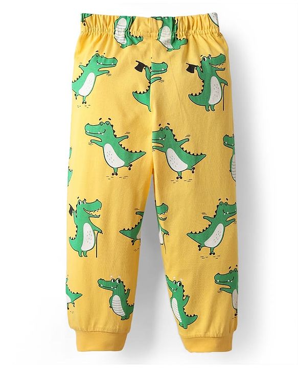 Babyhug Cotton Knit Half Sleeves Night Suit With Dino Print - Yellow