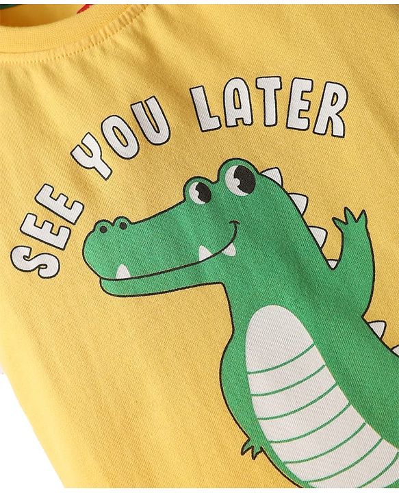 Babyhug Cotton Knit Half Sleeves Night Suit With Dino Print - Yellow