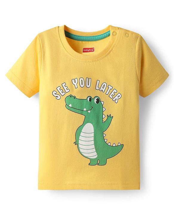 Babyhug Cotton Knit Half Sleeves Night Suit With Dino Print - Yellow