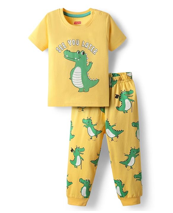 Babyhug Cotton Knit Half Sleeves Night Suit With Dino Print - Yellow