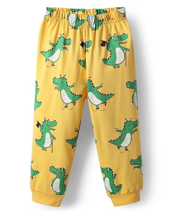 Babyhug Cotton Knit Half Sleeves Night Suit With Dino Print - Yellow