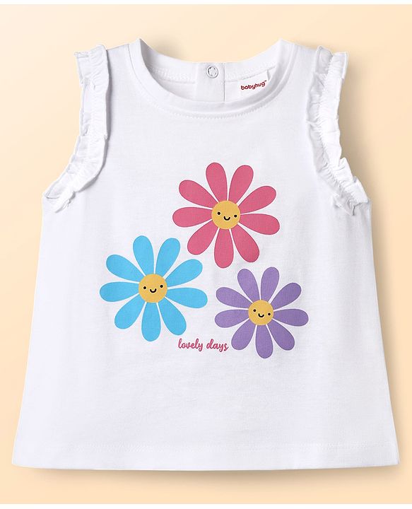 Babyhug Single Jersey Knit  Sleeveless Top & Shorts Set With Floral Print - Dark Pink & White