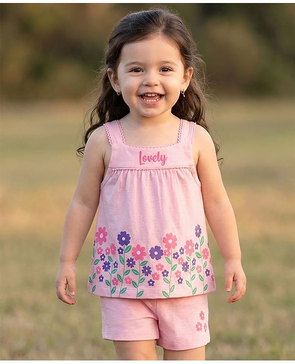 Babyhug Single Jersey Knit Sleeveless Top & Short Set With Floral Print - Pink