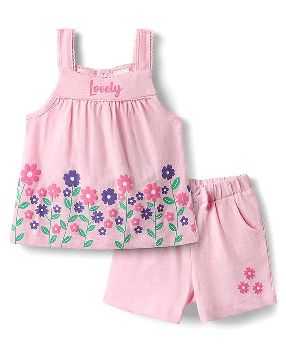Babyhug Single Jersey Knit Sleeveless Top & Short Set With Floral Print - Pink