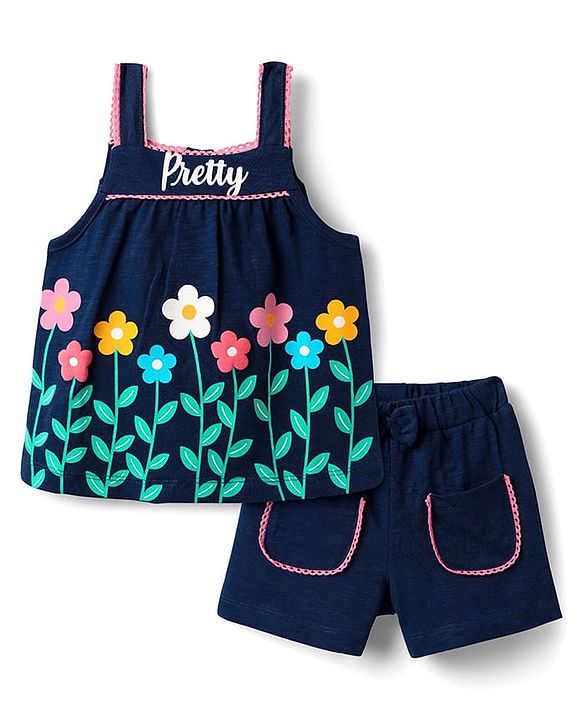 Babyhug Single Jersey Knit Sleeveless Top & Shorts Set With Floral Print - Navy Blue