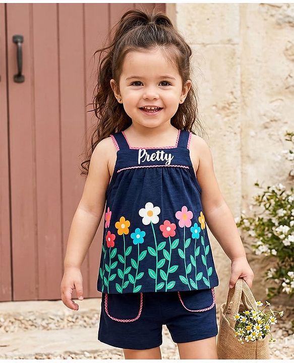 Babyhug Single Jersey Knit Sleeveless Top & Shorts Set With Floral Print - Navy Blue