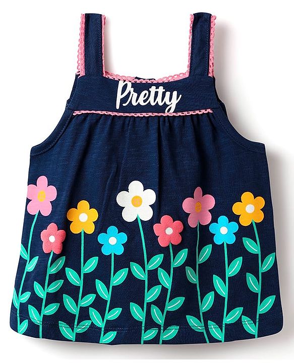 Babyhug Single Jersey Knit Sleeveless Top & Shorts Set With Floral Print - Navy Blue