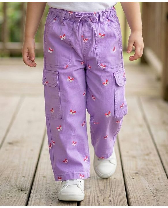 Babyhug Twill Full Length Butterfly Printed Flared Trouser With Stretch - Lavender