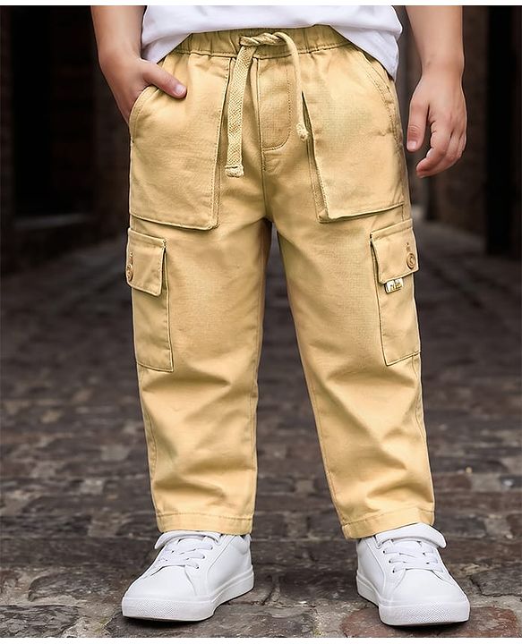 Babyhug Twill Full Length Solid Colour Trouser With Stretch & Cargo Pocket - Khaki