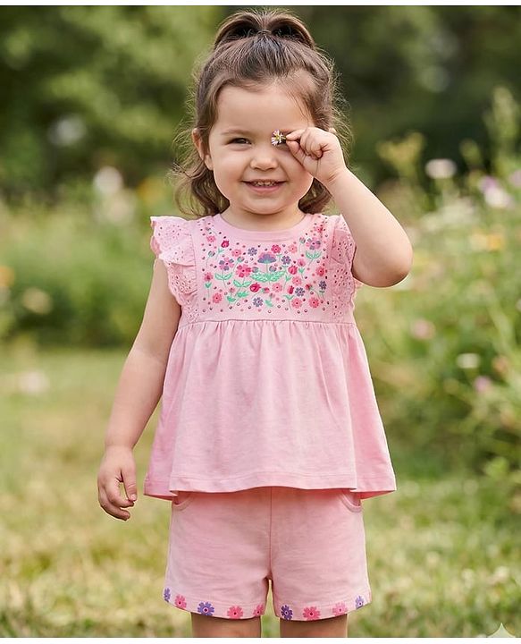 Babyhug Single Jersey Knit  Sleeveless Top & Shorts With Floral Print -Pink & White
