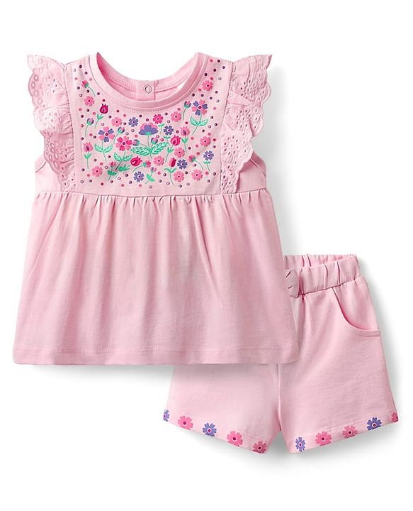 Babyhug Single Jersey Knit  Sleeveless Top & Shorts With Floral Print -Pink & White