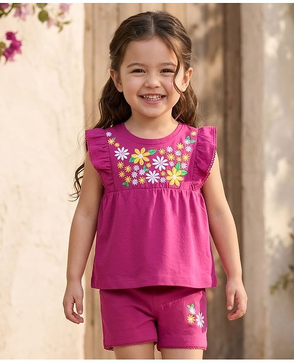 Babyhug Single Jersey Knit Sleeveless Top & Shorts With Floral Print - Dark Pink