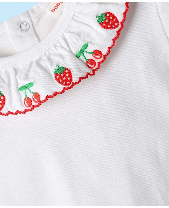 Babyhug Single Jersey Knit Half Sleeves Top and Skirt Set with Floral Embroidery & Print - White & Orange