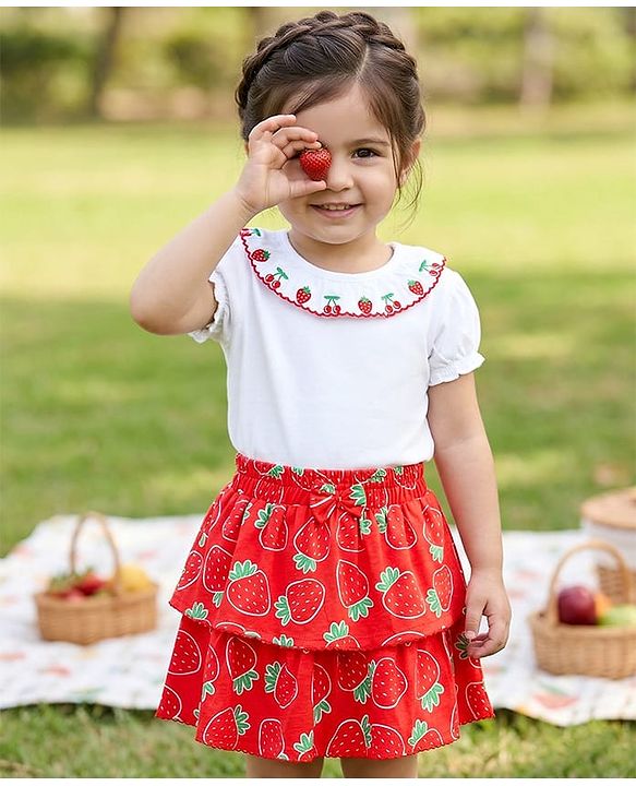 Babyhug Single Jersey Knit Half Sleeves Top and Skirt Set with Floral Embroidery & Print - White & Orange