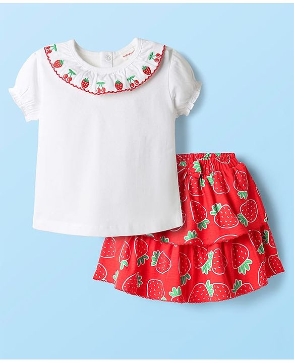 Babyhug Single Jersey Knit Half Sleeves Top and Skirt Set with Floral Embroidery & Print - White & Orange