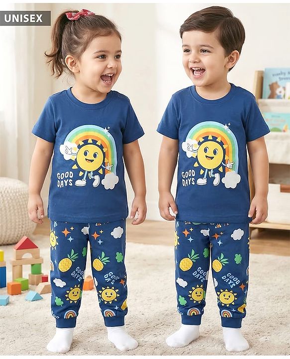 Babyhug Cotton Knit Half Sleeves  Night Suit With Fruits Print - Blue