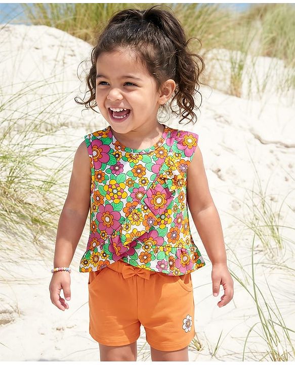 Babyhug Single Jersey Knit Sleeveless Top & Shorts Set With Floral Print - Multicolour