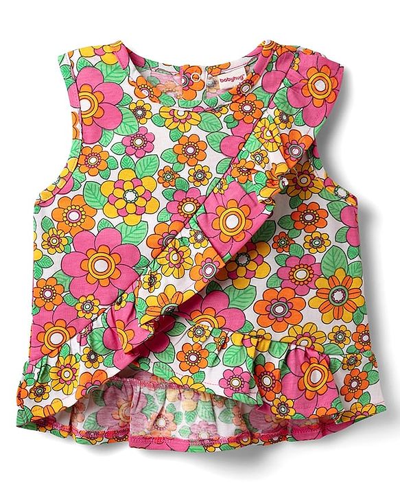 Babyhug Single Jersey Knit Sleeveless Top & Shorts Set With Floral Print - Multicolour