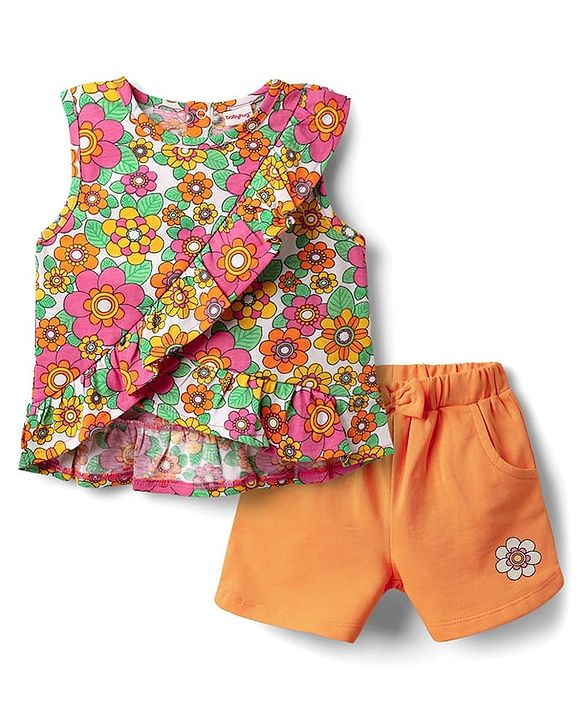 Babyhug Single Jersey Knit Sleeveless Top & Shorts Set With Floral Print - Multicolour