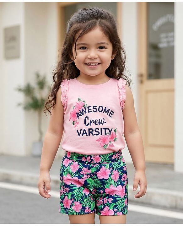 Babyhug Single Jersey Knit Sleeveless Top & Shorts Set With Floral Print - Pink