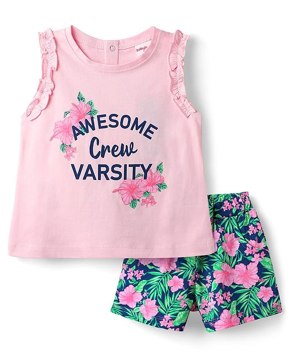 Babyhug Single Jersey Knit Sleeveless Top & Shorts Set With Floral Print - Pink