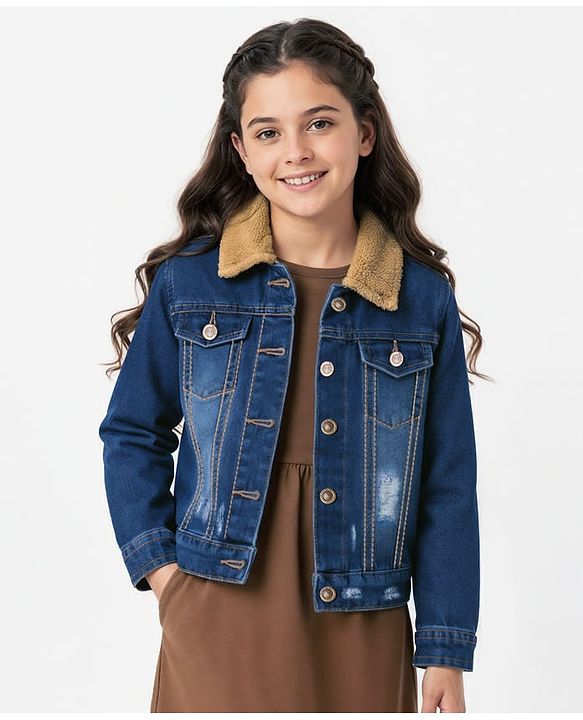 Pine Kids Cotton Woven Full Sleeves Solid Denim Jacket With Fur Detailing - Blue